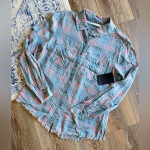 NWT Billy T Lyocell Pastel Plaid Button-Up Shirt with split long sleeves
